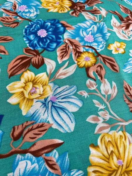 Штапель принт (ЦВЕТЫ НА БИРЮЗОВОМ - 3)